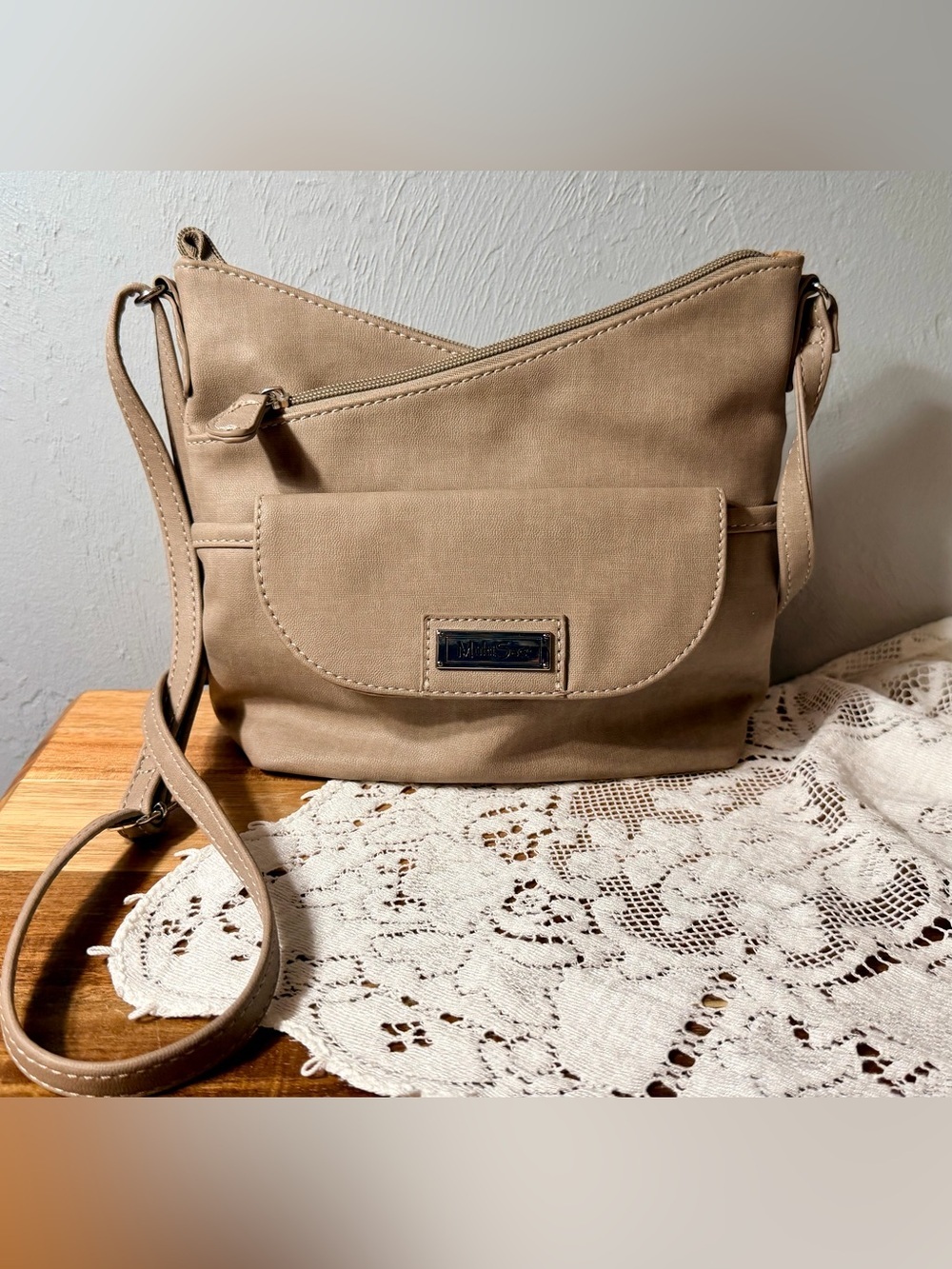 Multi Sac Taupe Crossbody Bag with Front Flap Pocket